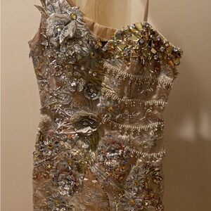 MNM Couture Embellished Champagne Beaded Cocktail Dress